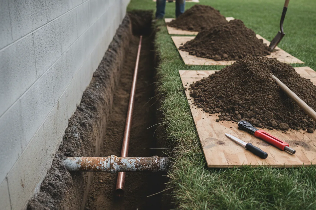 Excavated water line trench during Water Heater Repair in Paden